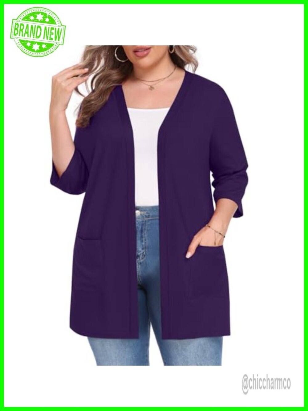Plus Size Lightweight Cardigan 3/4 Sleeve Open Front Casual